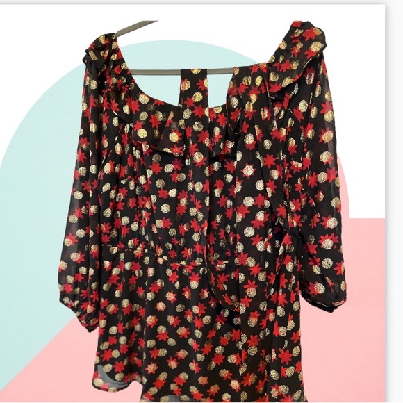 Black Gold and Red Pullover Blouse, Size 14/16, Long sleeves, Cinched waist sash - Picture 1 of 9